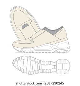 Running shoes for women design technical flat sketch vector mockup template.