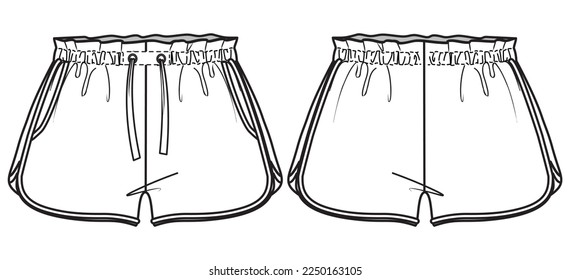 Running shorts design front and back view flat sketch fashion illustration, Active Jogger short drawing  vector template