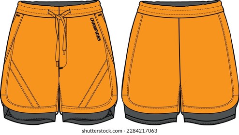 Running Shorts jersey design flat sketch vector illustration. Boxing shorts concept with front and back view for Soccer, basketball, Volleyball, Rugby, badminton active wear shorts design.