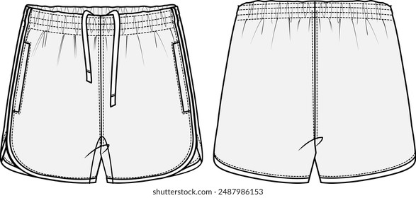 Running Shorts Vector Illustration CAD Design Template Front and Back Views Activewear Fashion Flat Sketch