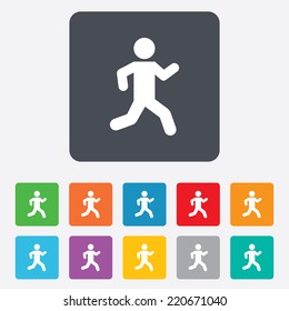 Running sign icon. Human sport symbol. Rounded squares 11 buttons. Vector