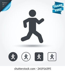 Running sign icon. Human sport symbol. Circle and square buttons. Flat design set. Thank you ribbon. Vector