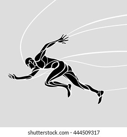 Running silhouette. Creative black and white waves runner Vector illustration, eps 8