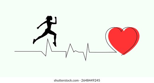 Running silhouette with heartbeat line and heart icon.health and fitness ıllusration.