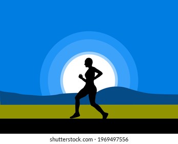 Running silhouette,girl running,morning running,Blue sky,Sunrise