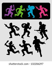 Running Silhouettes 2. Thief, policeman and soldier black shadows. Smooth and detail vector. Good use for your symbol or any design you want. Easy to change color.