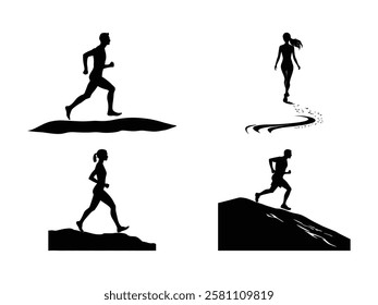 Running Silhouettes – Trail Jogging, Barefoot Sprinting, and Outdoor Fitness Vectors