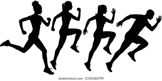 Ilustración vectorial de siluetas para correr, concepto de movimiento atlético, actividad deportiva dinámica, diseño de entrenamiento físico, figuras negras sobre fondo blanco, movimiento enérgico, estilo de vida saludable, tema de ejercicios, arte gráfico editable