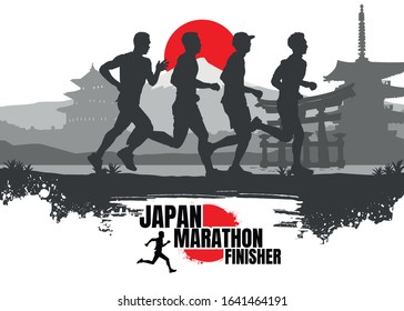 Running silhouettes. Vector illustration, Trail Running, Marathon runner, Japanese style.