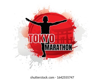 Running silhouettes. Vector illustration, Trail Running, Marathon runner, Japanese style.