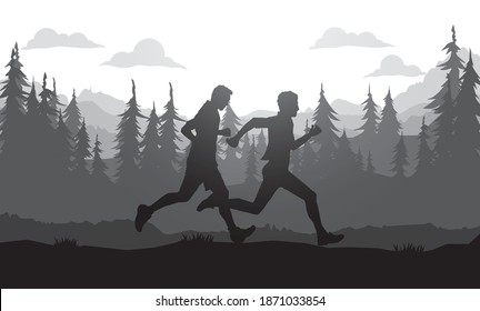 Silhouettes en ejecución. Ilustración vectorial, Trail Running, Marathon runner.	