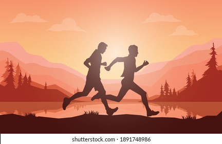 Running silhouettes vector illustration, Trail Running, Marathon runner.	
