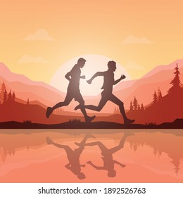 Running silhouettes vector illustration, Trail Running, Marathon runner.	