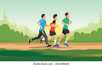 Running silhouettes vector illustration, Trail Running, Marathon runner.