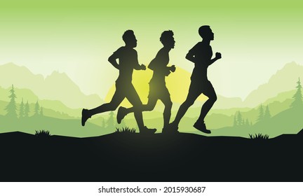 Running silhouettes vector illustration, Trail Running, Marathon runner.