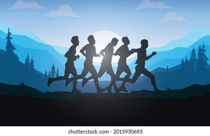 Running silhouettes vector illustration, Trail Running, Marathon runner.