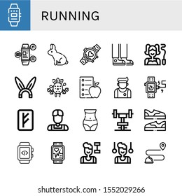 running simple icons set. Contains such icons as Smartwatch, Rabbit, Sneaker, Gymnast, Exercise, Diet, Athlete, Rune, Waist, Gym, Shoes, Fitness, can be used for web, mobile and logo