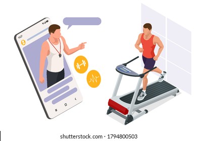 Running simulator. Isometric training online, man in sportswear running on a treadmill. Fitness and Health icons. Running machine or track