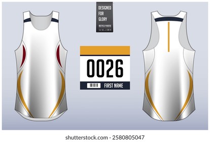 Running singlet design template, Tank top jersey mockup for athlete. Singlet jersey pattern. Sport uniform front view back view. Vector Illustration.