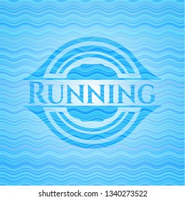 Running sky blue water wave badge background.