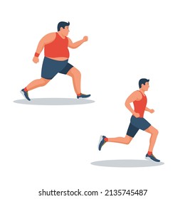 Running for slimming. Jogging people. From fatty and unhealthy health and beauty. Vector illustration flat design. Isolated on white background. Young attractive male. Athletic body. Fat man.