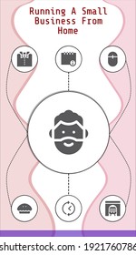 running a small business from home editable infographic template with icons of Tunnel, Mouse, Bow tie, Time, Man, Info, Pie