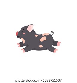 Running smiling pig flat style, vector illustration isolated on white background. Cute farm animal with pink spots, little piglet, decorative design element