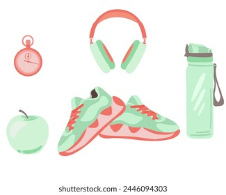 Running snickers set with apple headphones and bottle Flat design
