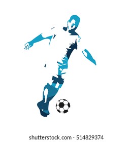 Running soccer player, abstract blue vector illustration