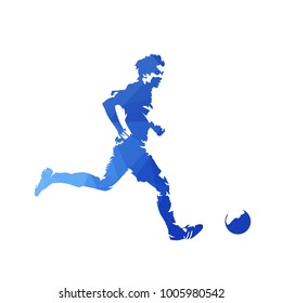 Running soccer player with ball, abstract blue geometric vector silhouette