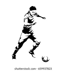 Running soccer player with ball, abstract vector silhouette