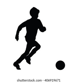 Running soccer player vector silhouette. Young boy, child. Run with ball