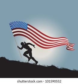 Running Soldier Silhouette With Flag Of United States Of America.