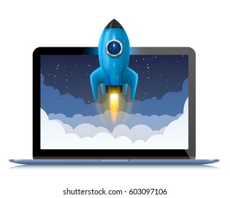 Running a space rocket from a computer, Splash creative idea, Rocket background, Vector illustration