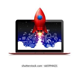 Running a space rocket from a computer, Splash creative idea, Rocket background, Vector illustration