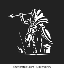 Running Spartan, Roman or Trojan gladiator ancient Greek warrior with spear Corinthian helmet and shield vector illustration