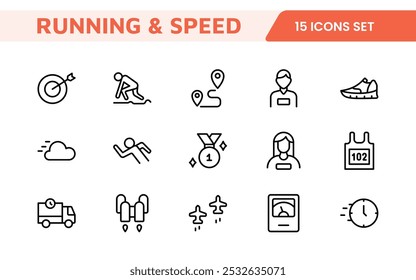 Running and Speed Icon Set. Dynamic icons capture the essence of motion, sprinting, and velocity for fitness apps, sports branding, and training materials.