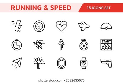 Running and Speed Icon Set. Dynamic icons capture the essence of motion, sprinting, and velocity for fitness apps, sports branding, and training materials.