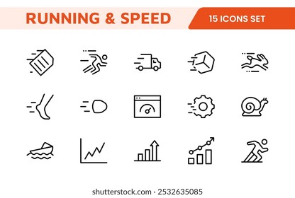 Running and Speed Icon Set. Dynamic icons capture the essence of motion, sprinting, and velocity for fitness apps, sports branding, and training materials.