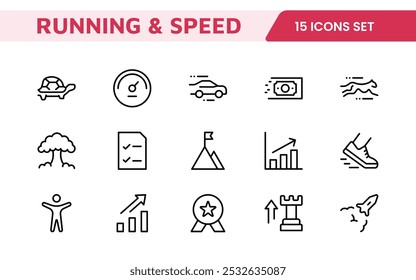 Running and Speed Icon Set. Dynamic icons capture the essence of motion, sprinting, and velocity for fitness apps, sports branding, and training materials.