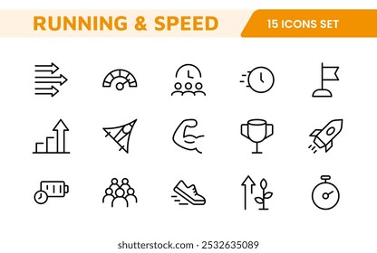 Running y Speed Icon Set. Los íconos dinámicos capturan la esencia del movimiento, el sprint y la velocidad para los App del fitness, la marca deportiva y los materiales de entrenamiento.