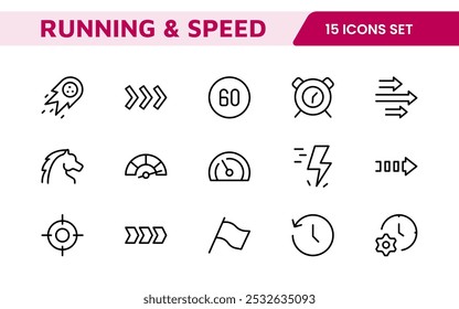 Running and Speed Icon Set. Dynamic icons capture the essence of motion, sprinting, and velocity for fitness apps, sports branding, and training materials.