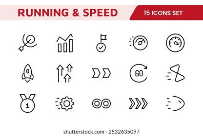 Running and Speed Icon Set. Dynamic icons capture the essence of motion, sprinting, and velocity for fitness apps, sports branding, and training materials.