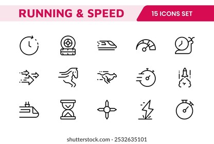 Running y Speed Icon Set. Los íconos dinámicos capturan la esencia del movimiento, el sprint y la velocidad para los App del fitness, la marca deportiva y los materiales de entrenamiento.