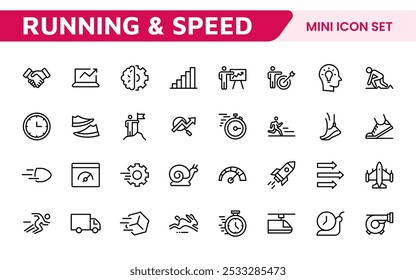 Running Speed Icon Set. Dynamic icons capturing the essence of motion, sprinting, and velocity for fitness apps, sports branding, and training materials.