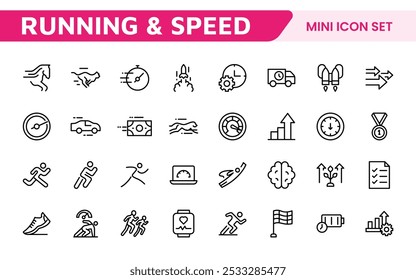 Running Speed Icon Set. Dynamic icons capturing the essence of motion, sprinting, and velocity for fitness apps, sports branding, and training materials.