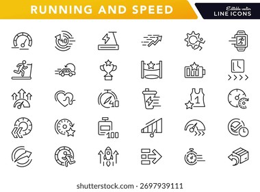 Ícone de linha de Execução e Velocidade definido. Esporte de corrida, maratona, corredor, corrida, linha de chegada, esteira, velocímetro, cronômetro de linha ícone set. Pacote de ícones de linha fina da interface do usuário.