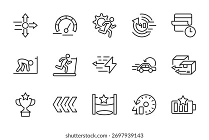 Ícone de linha de Execução e Velocidade definido. Esporte de corrida, maratona, corredor, corrida, linha de chegada, esteira, velocímetro, cronômetro de linha ícone set. Pacote de ícones de linha fina da interface do usuário.