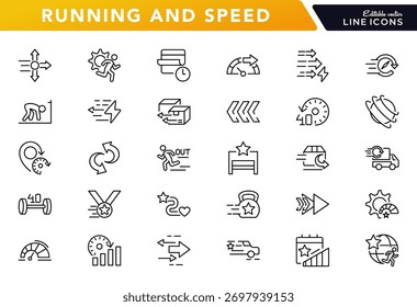 Ícone de linha de Execução e Velocidade definido. Esporte de corrida, maratona, corredor, corrida, linha de chegada, esteira, velocímetro, cronômetro de linha ícone set. Pacote de ícones de linha fina da interface do usuário.