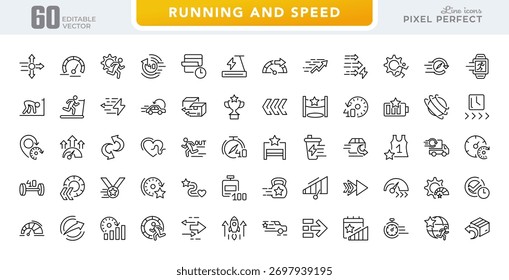 Ícone de linha de Execução e Velocidade definido. Esporte de corrida, maratona, corredor, corrida, linha de chegada, esteira, velocímetro, cronômetro de linha ícone set. Pacote de ícones de linha fina da interface do usuário.